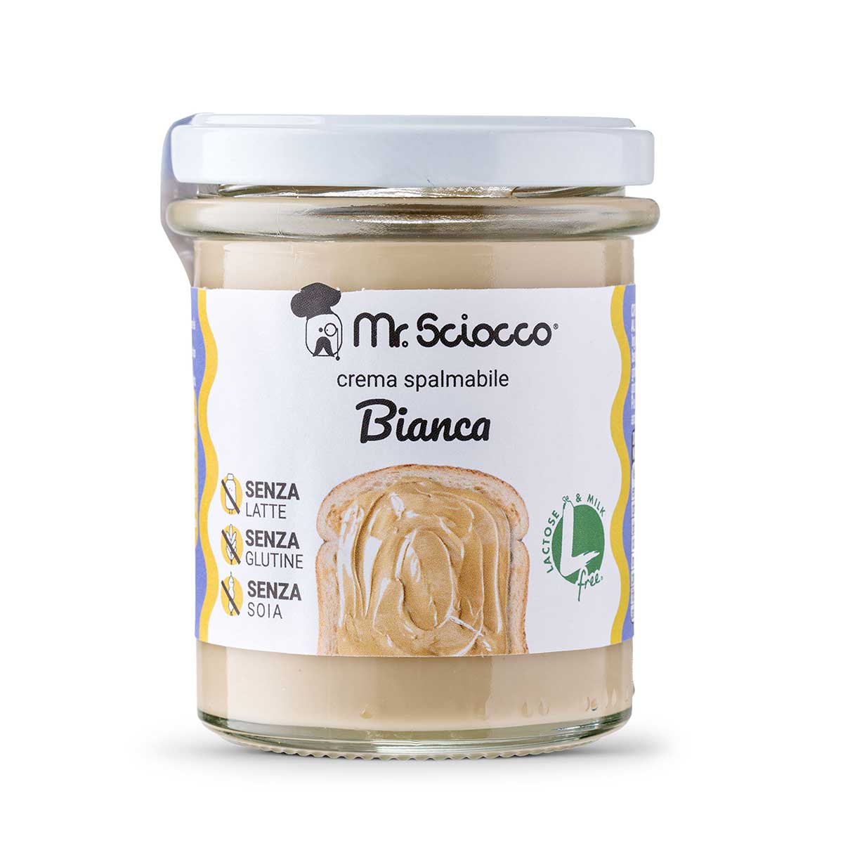 Crema spalmabile al Cioccolato Bianco senza lattosio, glutine e soia.