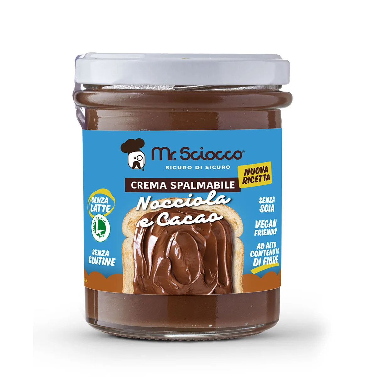 Crema spalmabile alla nocciola e cacao senza lattosio, proteine del latte, glutine e soia, veganOK