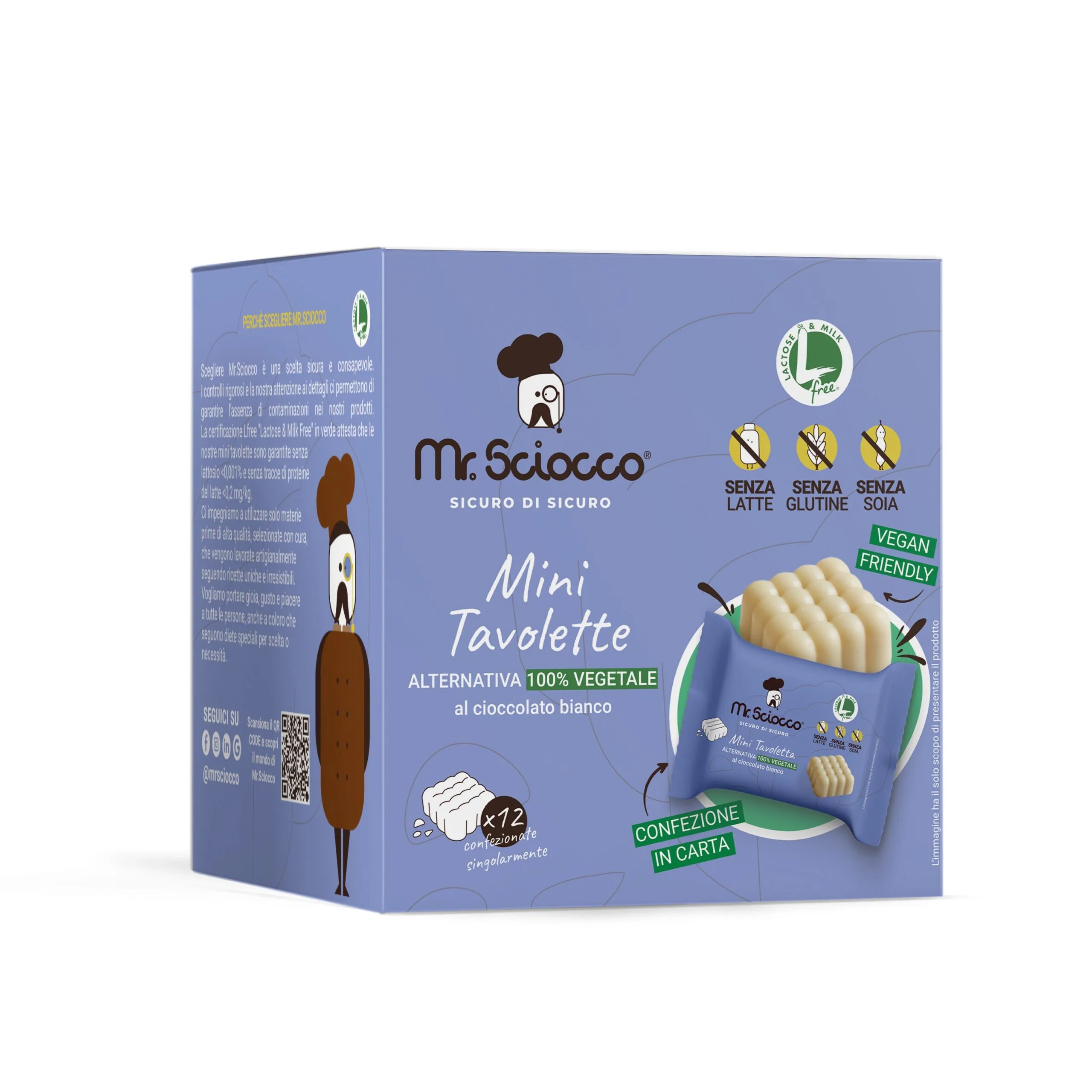 Mini Tavolette cioccolato bianco senza latte, senza lattosio, senza proteine del latte, senza glutine