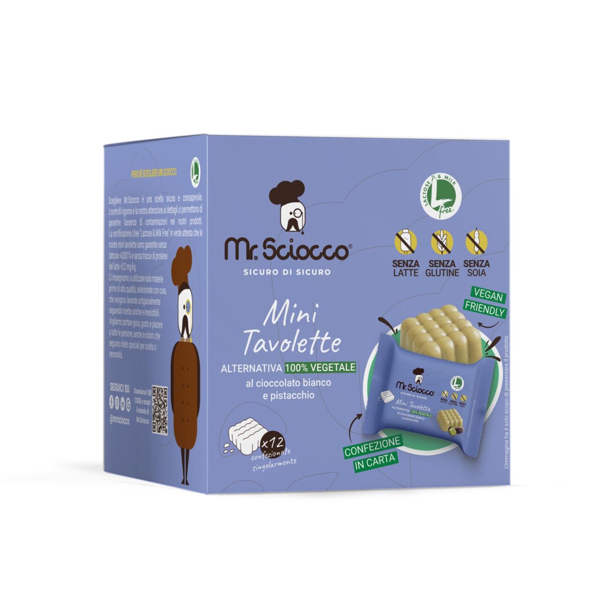 Mini Tavolette cioccolato pistacchio per intolleranti e allergici lattosio e proteine del latte, celiaci