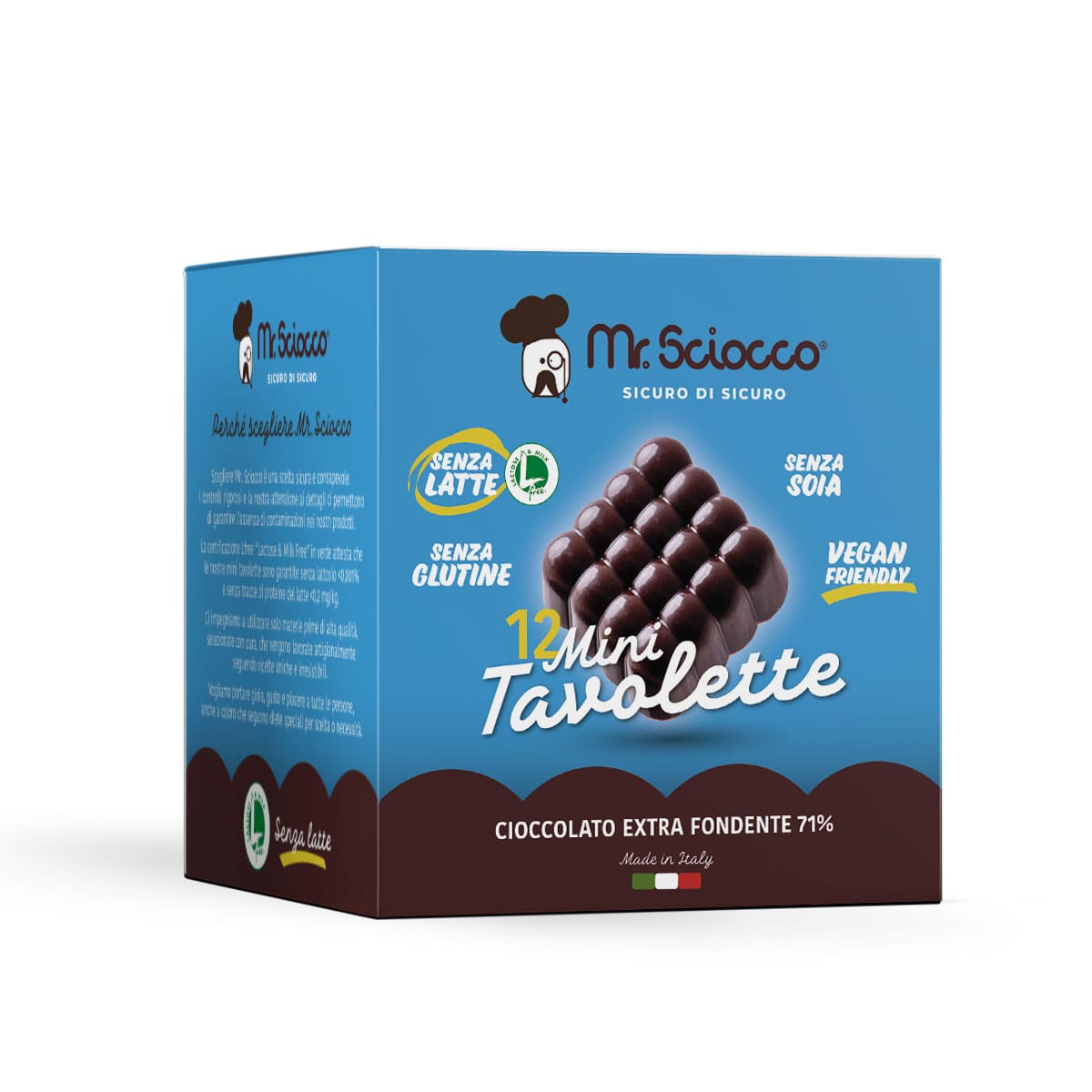 Mini tavolette di cioccolato fondente senza lattosio, glutine e soia.