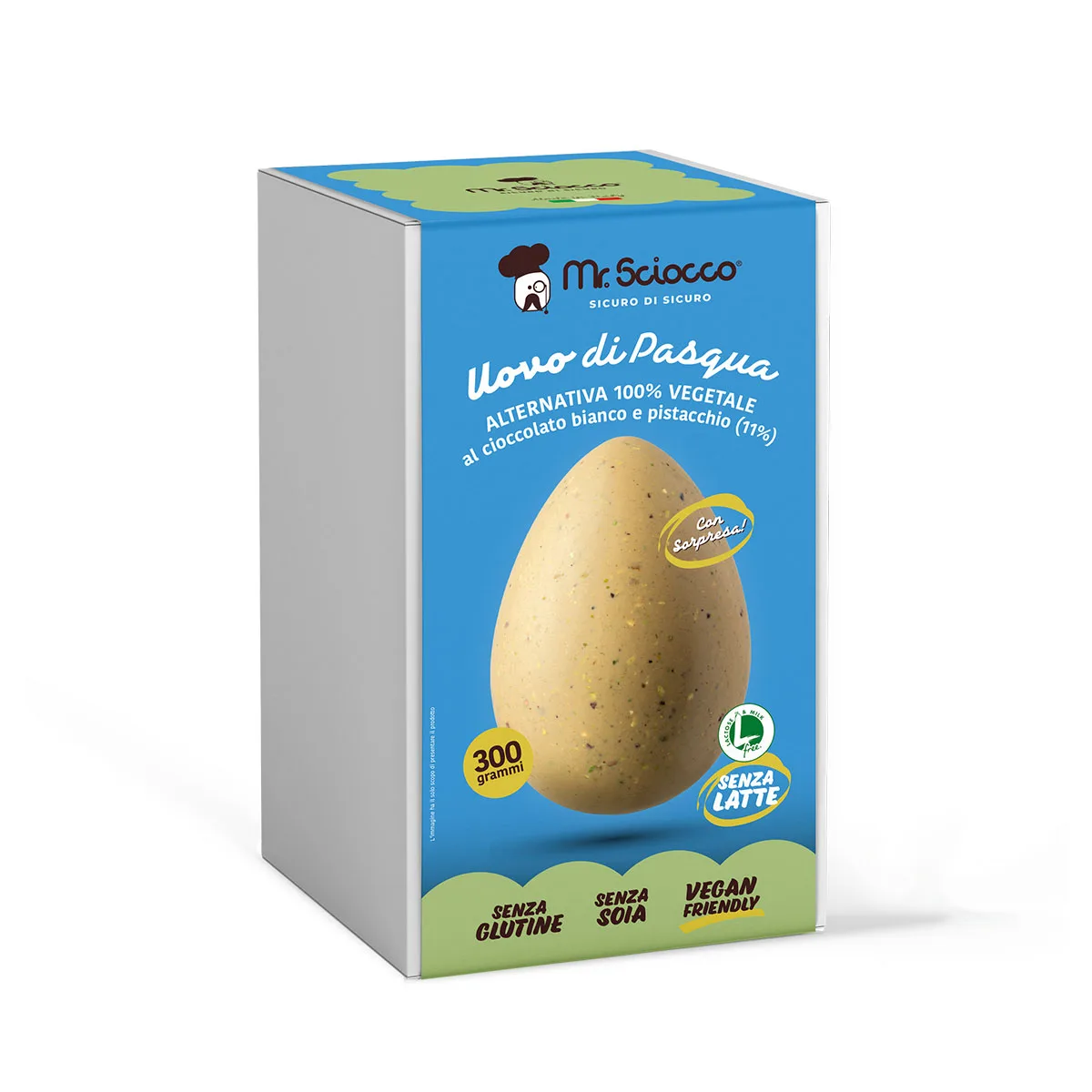 Uovo di cioccolato con granella di pistacchio senza lattosio e proteine del latte. Vegano
