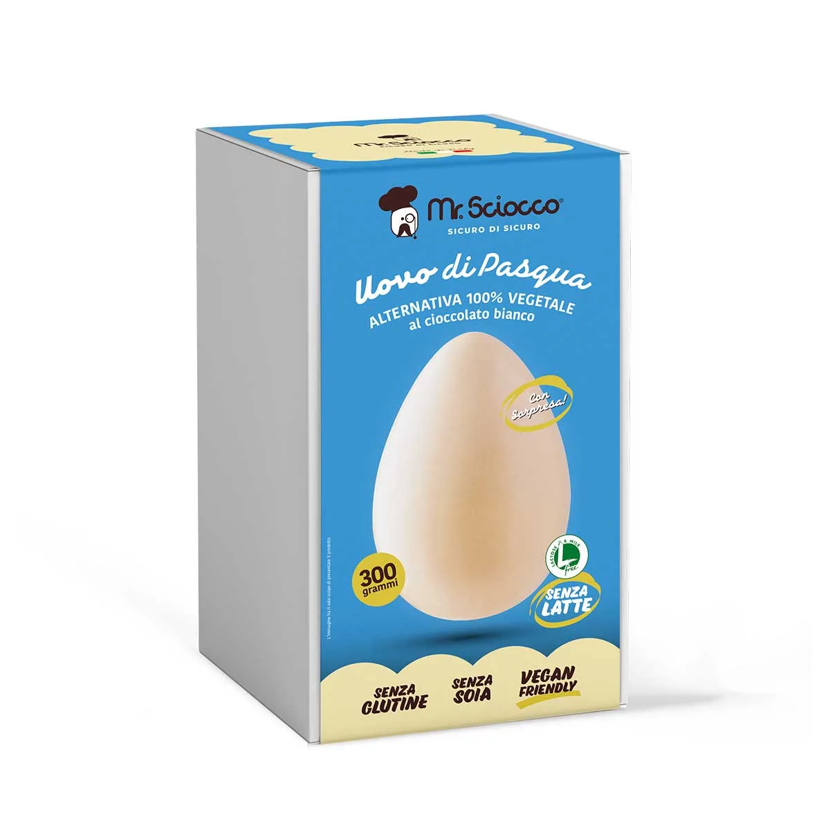 Uovo di Pasqua al cioccolato bianco 100% vegetale. Adatto a celiaci, vegani, intolleranti e allergici al lattosio e proteine del latte