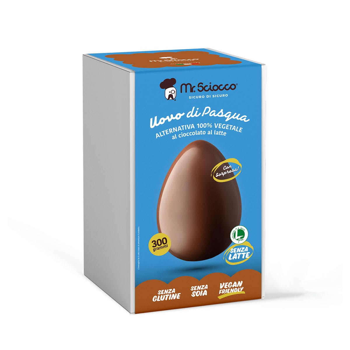 Uovo di Pasqua al cioccolato al latte per allergini intolleranti al lattosio e proteine del latte. Senza glutine e vegano.