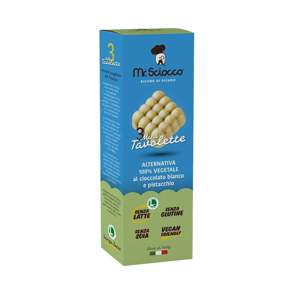 Tris di mini tavolette al cioccolato bianco e pistacchio senza lattosio