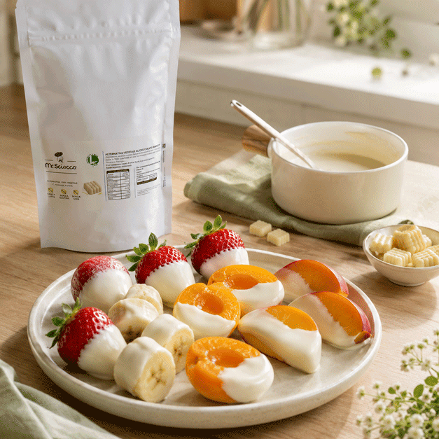 Frutta fresca ricoperta di cioccolato bianco senza latte